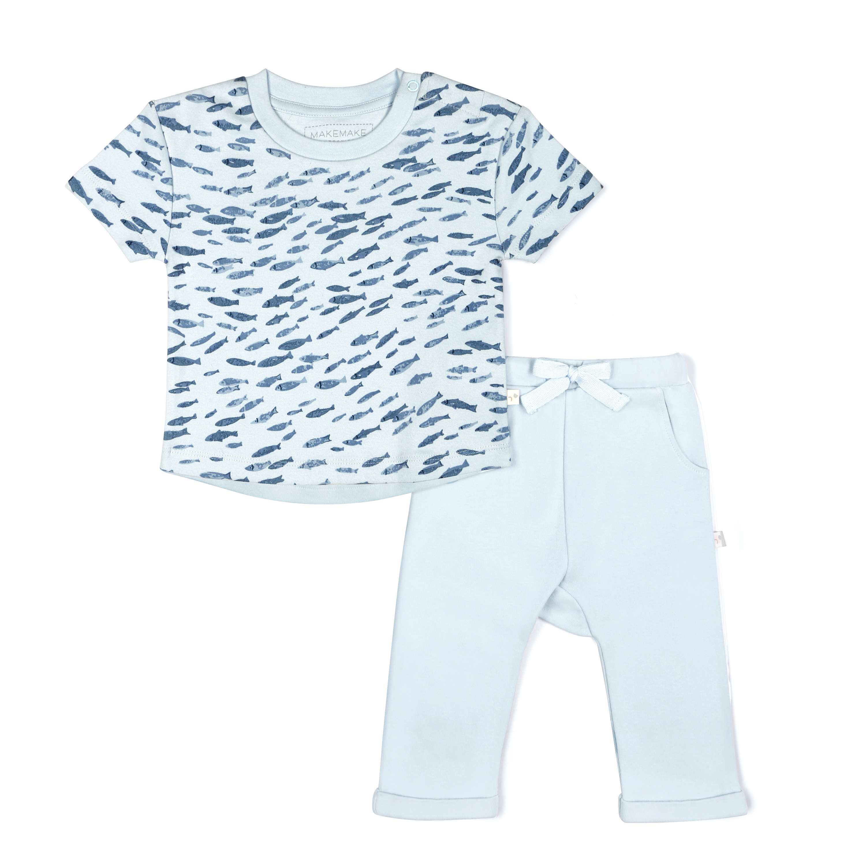 A pale blue baby outfit consisting of a Organic Tee & Pants Set from Minnow, with a t-shirt featuring small black and white animal print and matching plain blue pants with a decorative bow on the left side. Created by Makemake Organics.