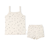 Children's clothing set featuring an Organic Spaghetti Top & Shorts Set - Pixie Dots from Makemake Organics, displayed on a white background, perfect for a toddler girl.
