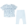 A white toddler's Organic Tee & Pants Set from Makemake Organics with a blue feather pattern paired with light blue jogger pants, displayed on a clean, white background.