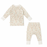 Floral print toddler outfit consisting of a long-sleeved top and matching pants, displayed flat on a white background. Product Name: Organic Kimono Top & Pants Set - Summer Floral by Makemake Organics.
