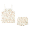 Matching Organic Spaghetti Top & Shorts Set - Summer Floral laid flat on a white background. the outfit features delicate pastel-colored flowers with small green leaves by Makemake Organics.