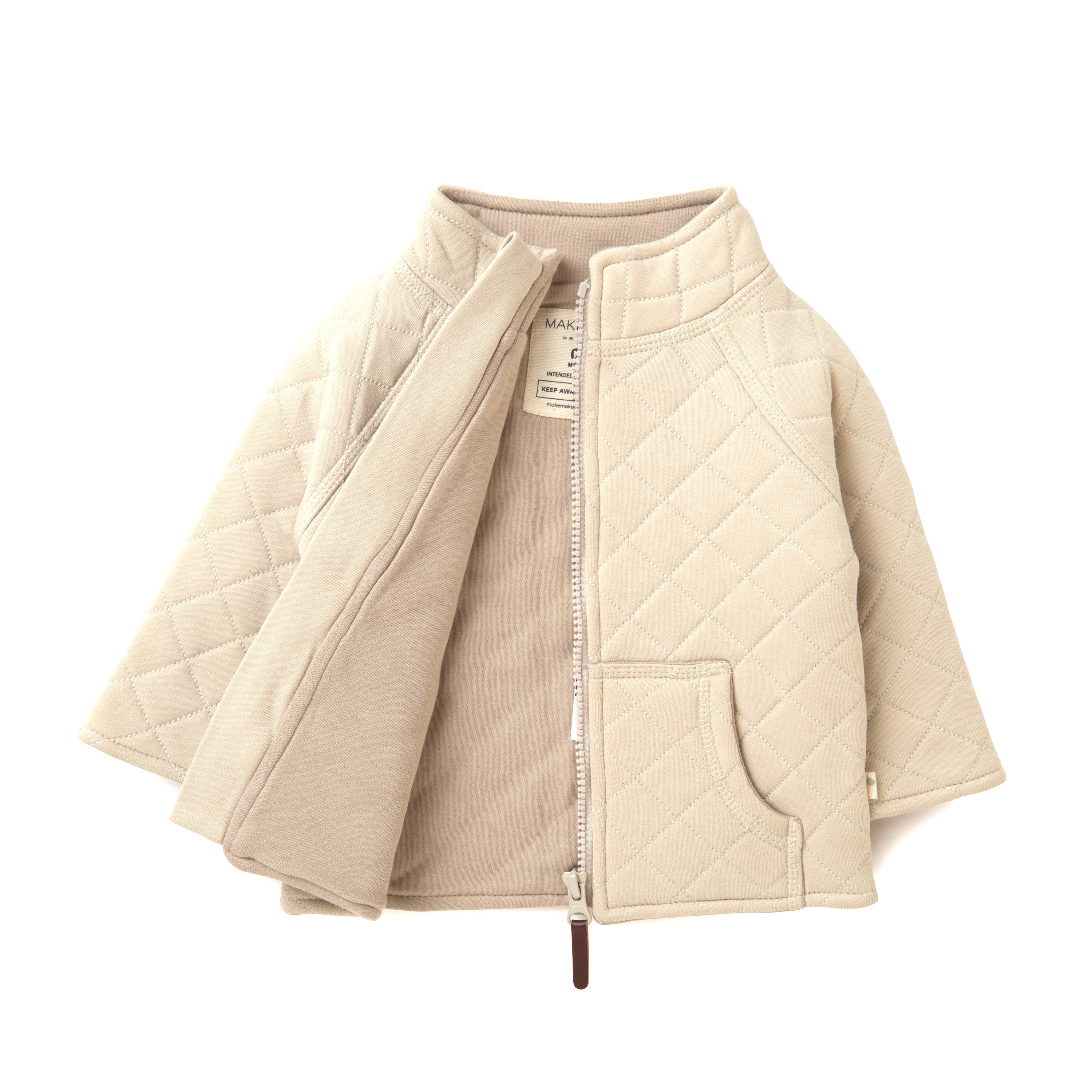 Organic Merino Wool Zip Jacket - Oat by Organic Kids with a high collar and front pocket, displayed against a white background.