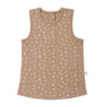 A sleeveless toddler's tank top in a light brown color with a subtle white dash pattern, displayed on a white background. The top features a round neckline and two buttons at the shoulder from Organic Kids.
