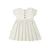 A Organic Kids Organic Puff Sleeve Dress - Foam Stripes with short sleeves, a rounded neckline, and three brown buttons on the upper chest, displayed on a white background.