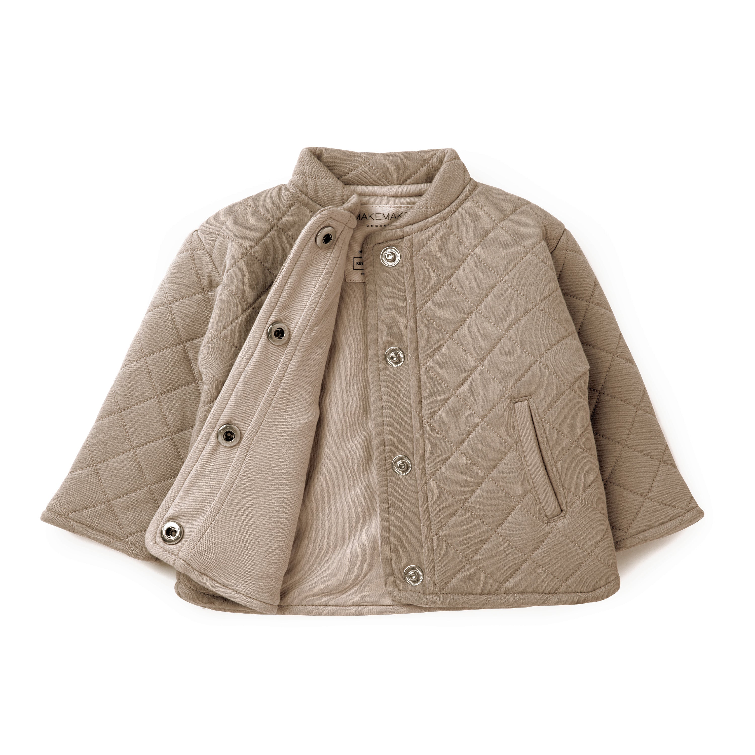 A mocha Organic Merino Wool Buttoned Jacket from Organic Kids with a stand-up collar, snap-button front, and a visible pocket, displayed against a white background.