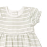 Close-up of a child's Organic Puff Sleeve Dress - Foam Stripes from Organic Kids with horizontal pale green and white stripes, featuring a gathered waist and ruffled sleeves on a white background.