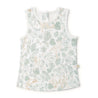 A sleeveless baby bodysuit by Organic Kids featuring a tropical print with various leaves and animals in green and beige colors on a white background.