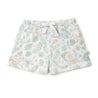 A pair of Organic Kids children's shorts featuring a pale green background with a whimsical animal and plant print, and a drawstring at the waist.