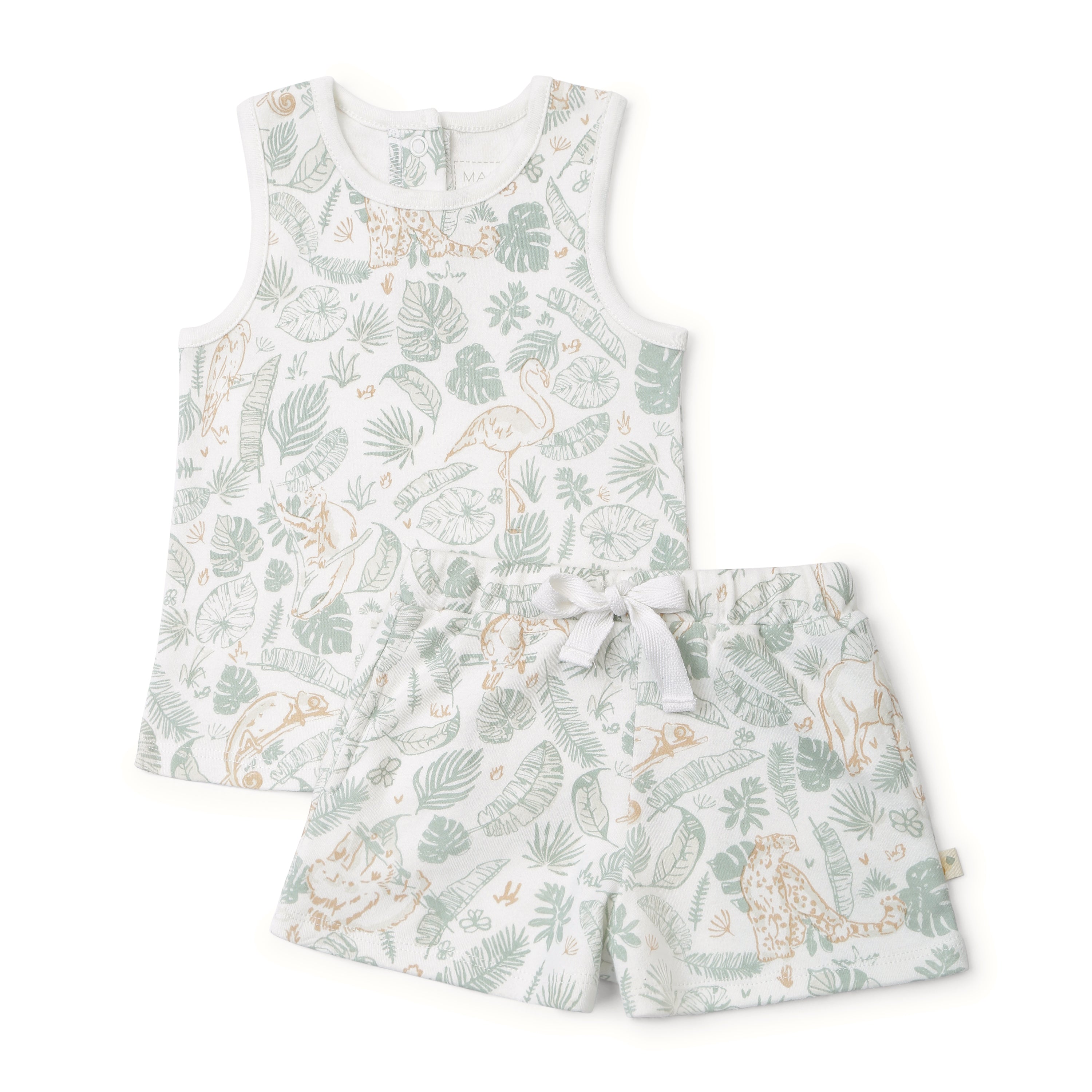 A Organic Kids set of children's clothing featuring a sleeveless top and shorts with a matching jungle-themed print of leaves and animals in soft green and beige tones.