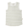 Baby sleeveless romper by Organic Kids with a white background and horizontal grey stripes, displayed flat. It features a round neckline and snap button closures at the shoulder.