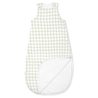A white and green gingham pattern Muslin Wearable Blanket - Gingham toddler sleep sack with a zipper closure, displayed flat on a white background by Makemake Organics.