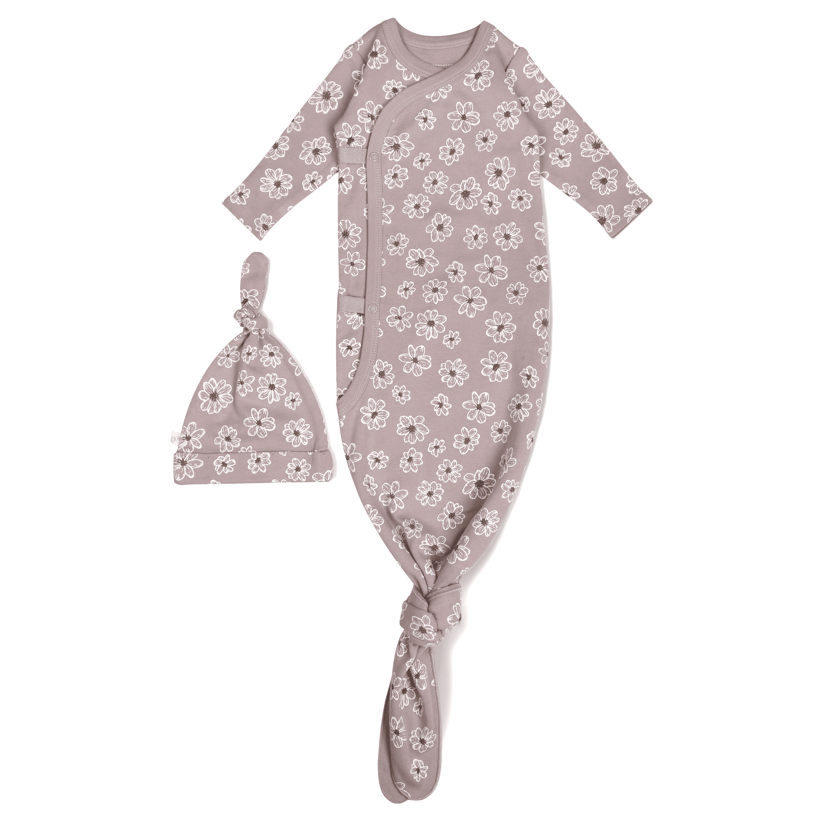 A beige toddler sleeper with a floral pattern and snap closures, paired with a matching knotted hat, displayed on a white background. The Organic Kimono Knotted Sleep Gown - Daisies by Makemake Organics.