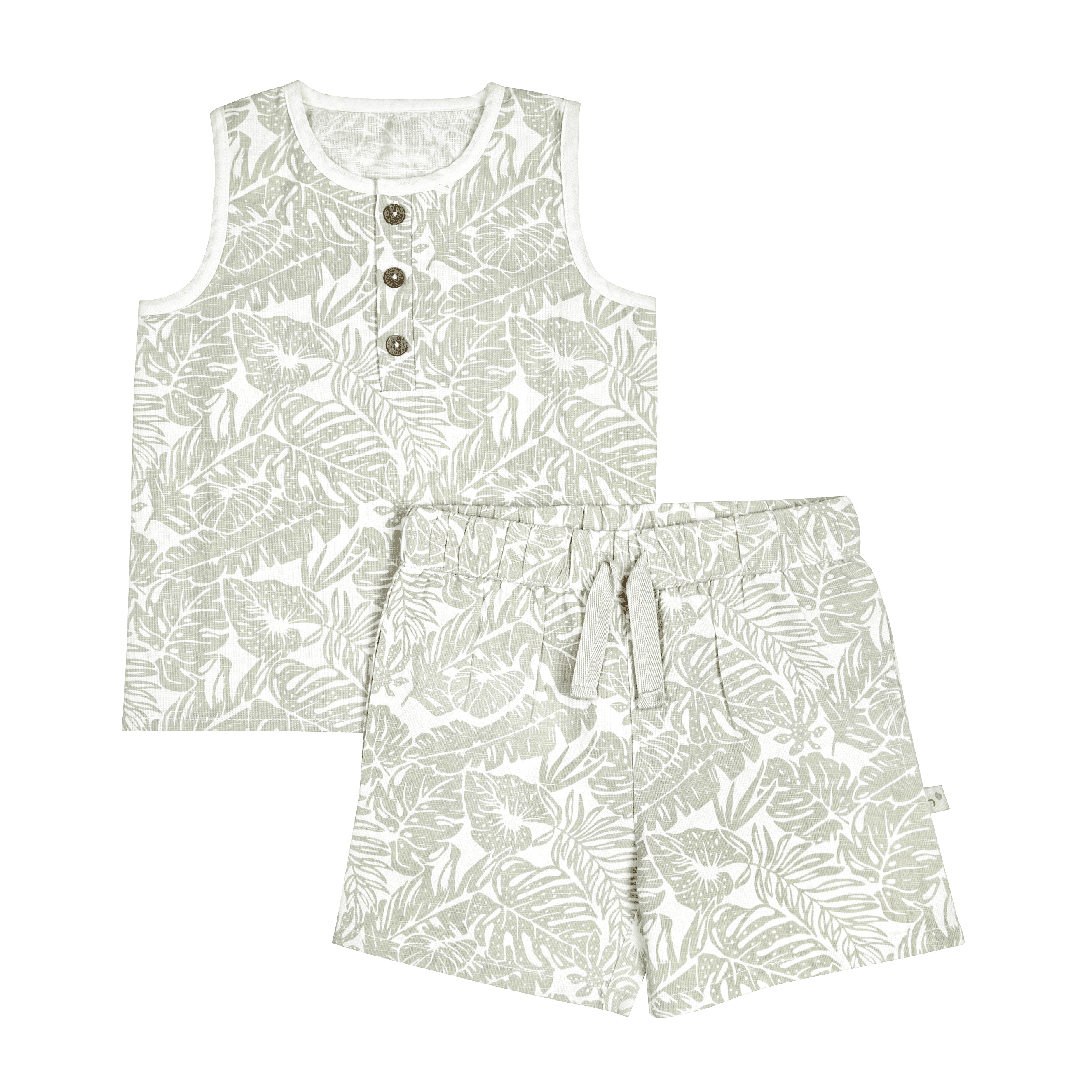 Children's Organic Linen Tank and Shorts Set - Palms from Makemake Organics, with a neutral color and tropical leaf print, featuring button details on the top and a drawstring on the shorts, perfect for a baby.