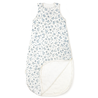 A toddler's Muslin Wearable Blanket - Periwinkle with a white and blue floral pattern on the upper part and a plain white quilted lower section, displayed isolated on a white background by Makemake Organics.