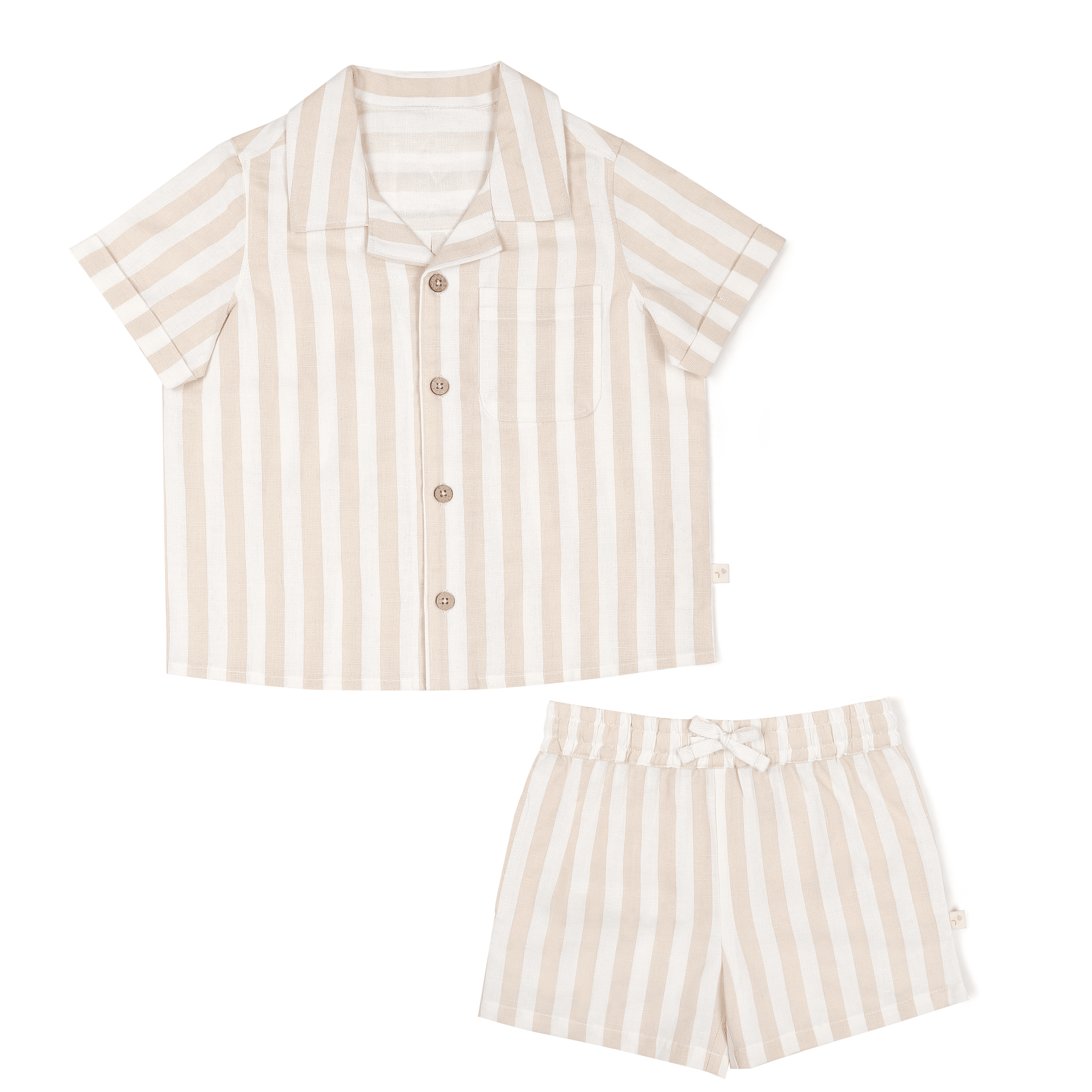 A Makemake Organics Organic Linen Shirt and Shorts Set - Beige Stripes for toddlers, displayed on a white background.
