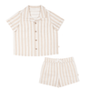 A Makemake Organics Organic Linen Shirt and Shorts Set - Beige Stripes for toddlers, displayed on a white background.
