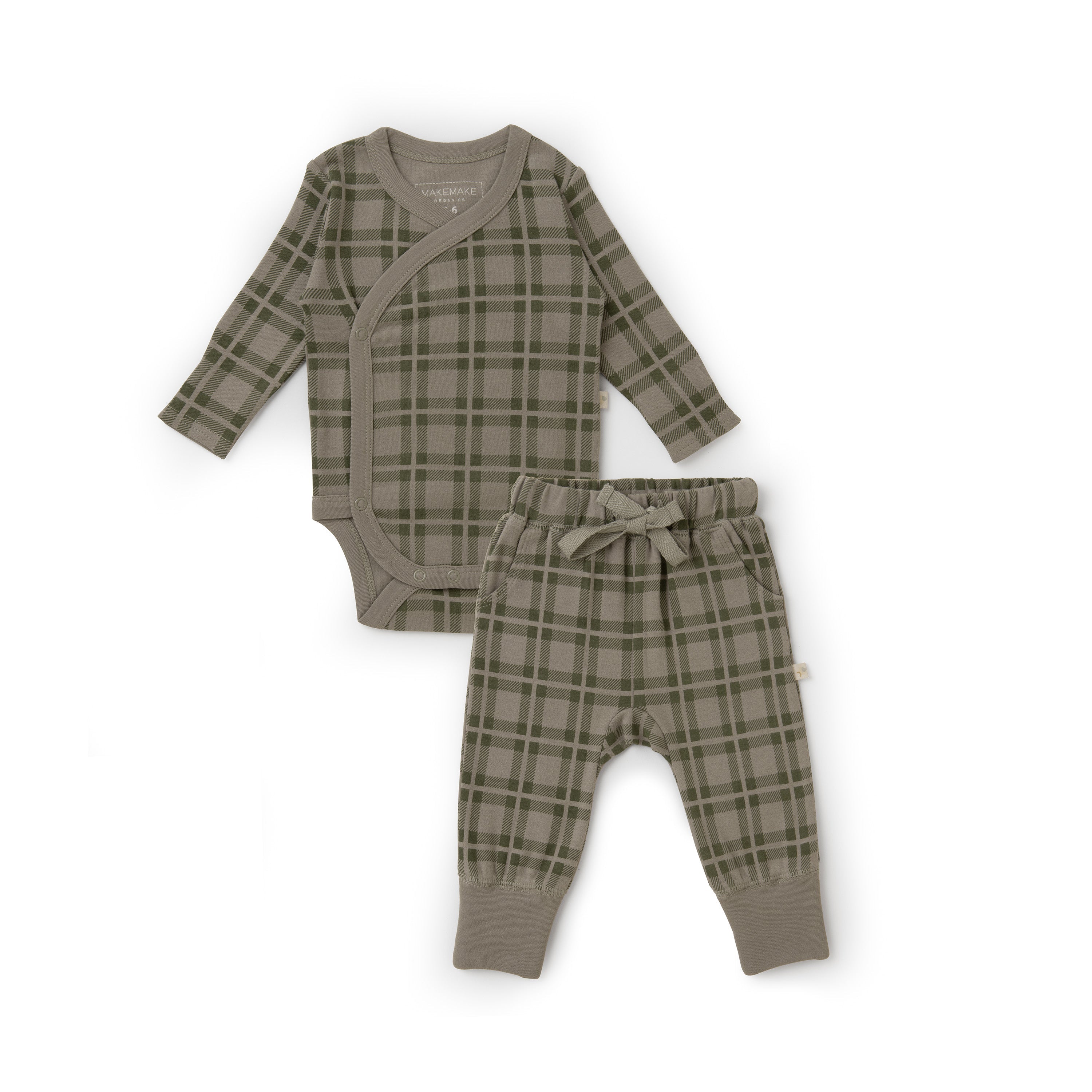 Organic Baby green and beige plaid baby outfit consisting of a kimono top and pants, displayed flat on a white background.