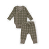 Organic Baby green and beige plaid baby outfit consisting of a kimono top and pants, displayed flat on a white background.
