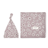 Two baby accessories with floral patterns on a white background: a knotted baby hat and a square blanket, both in pale purple featuring the brand "Makemake Organics.