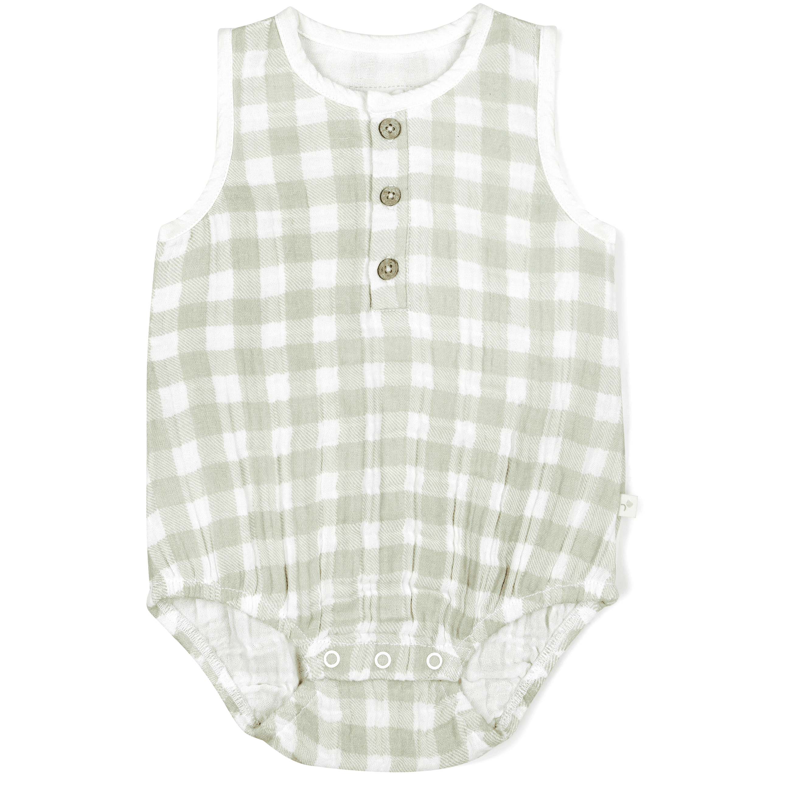 Green and white gingham toddler Organic Muslin Bubble Onesie by Makemake Organics with sleeveless design, button-up front, and snap closures at the bottom, displayed on a white background.