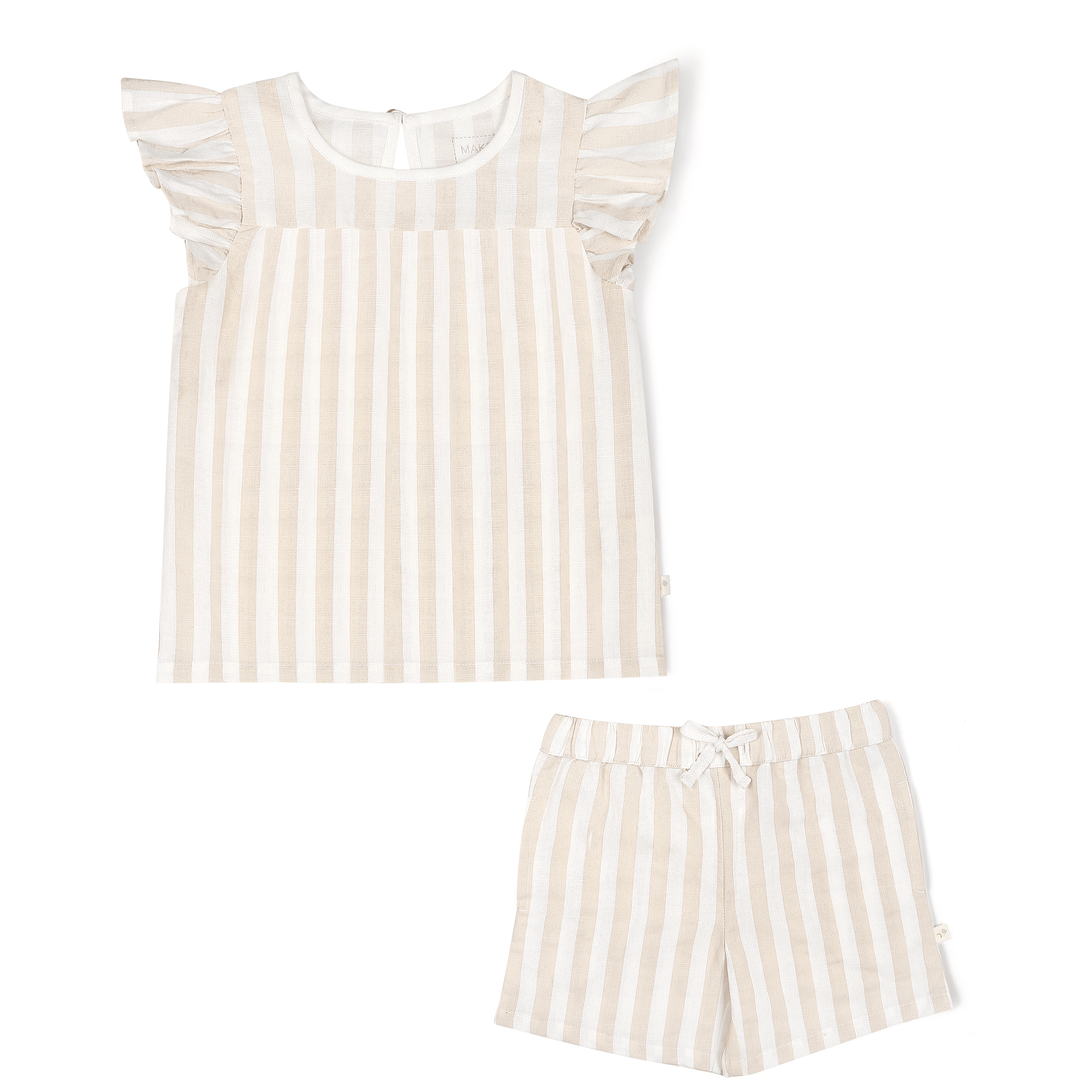 A Makemake Organics Organic Linen Flutter Top and Shorts in Beige Stripes displayed against a white background, consisting of a ruffle-sleeve top and matching drawstring shorts.