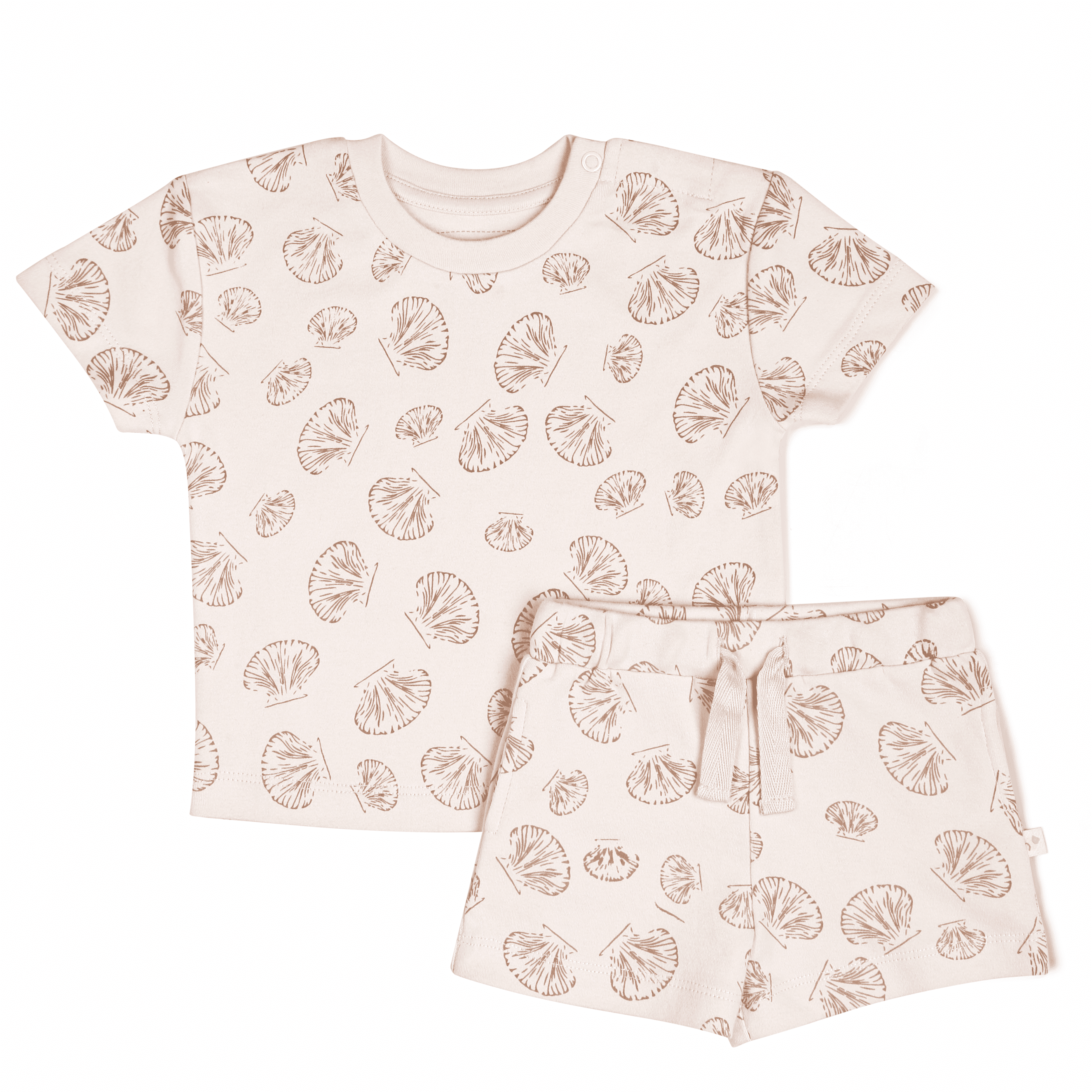 A beige children's Organic Tee and Shorts Set - Seashells by Makemake Organics, displayed flat on a white background.