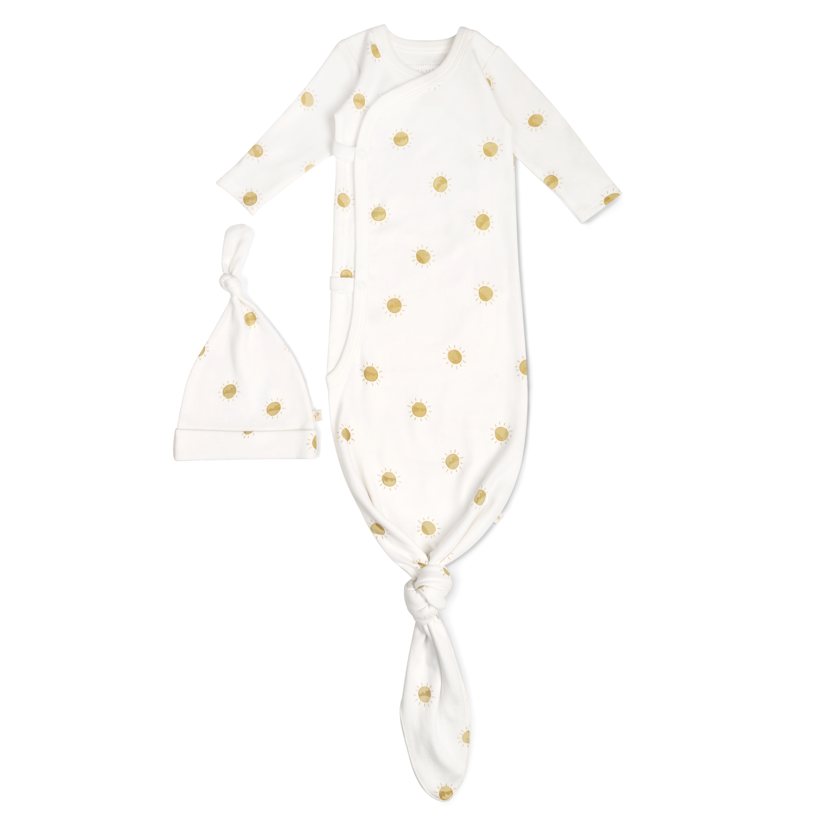 A white toddler sleeper with knotted bottom and matching hat, both adorned with a delicate golden floral pattern, displayed on a white background.(Product Name: Organic Kimono Knotted Sleep Gown - Sunshine Brand Name: Makemake Organics)