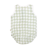 A green and white checkered sleeveless toddler bodysuit, Organic Muslin Bubble Onesie - Gingham by Makemake Organics, displayed on a white background.