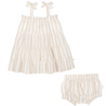 A Organic Linen Tiered Strap Dress - Beige Stripes baby's dress with ruffle tiers, accompanied by matching bloomers and a pair of bow-shaped hair clips, displayed against a white background. Brand Name: Makemake Organics