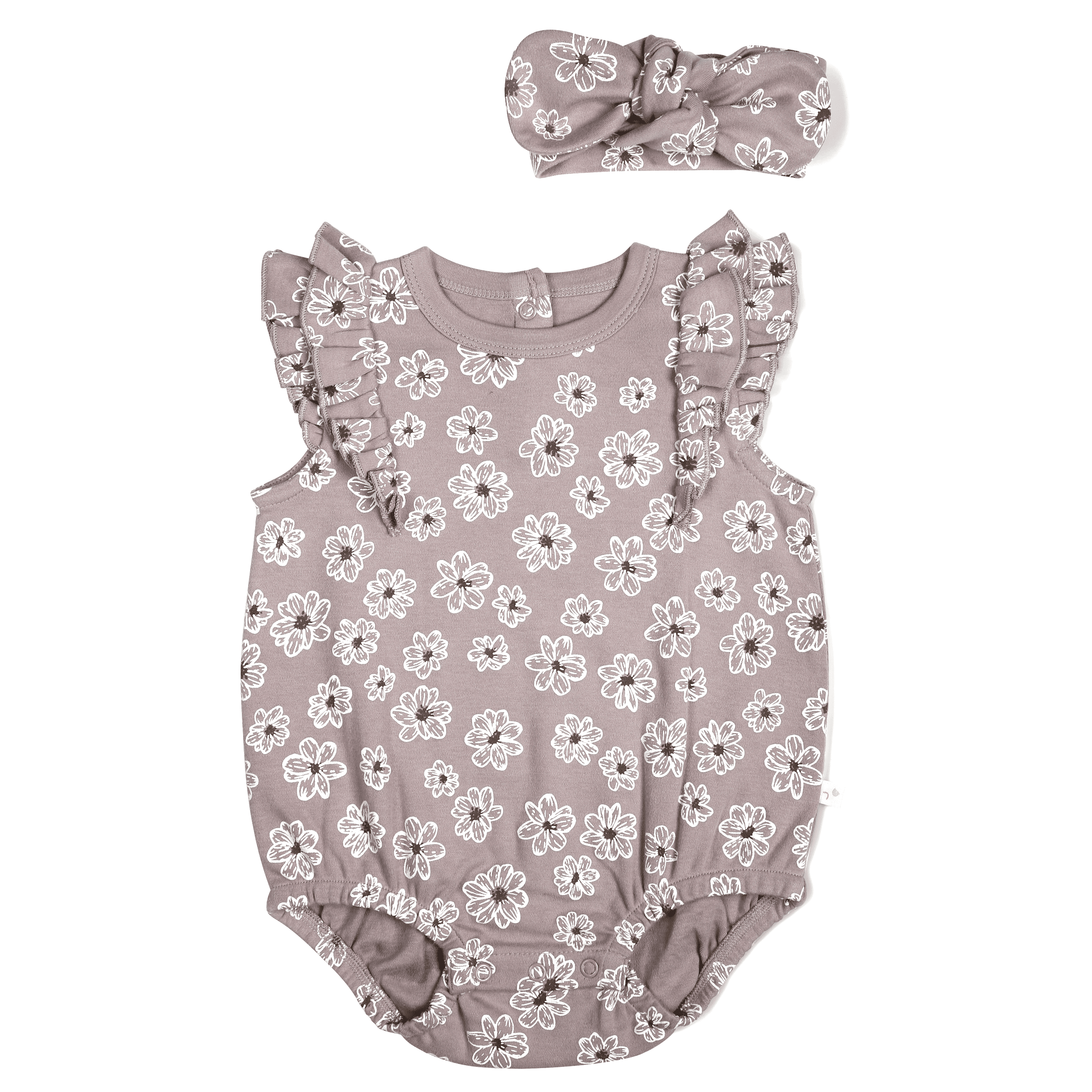 A toddler's Organic Flutter Bubble Onesie in Daisies by Makemake Organics, in mauve with ruffle sleeves and matching bow headband, displayed on a white background.