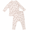 Toddler's two-piece outfit featuring a soft pink color with an all-over leaf pattern, including a long-sleeve wrap top and matching pants with a drawstring waist - Makemake Organics Organic Kimono Top & Pants Set in Seashells.