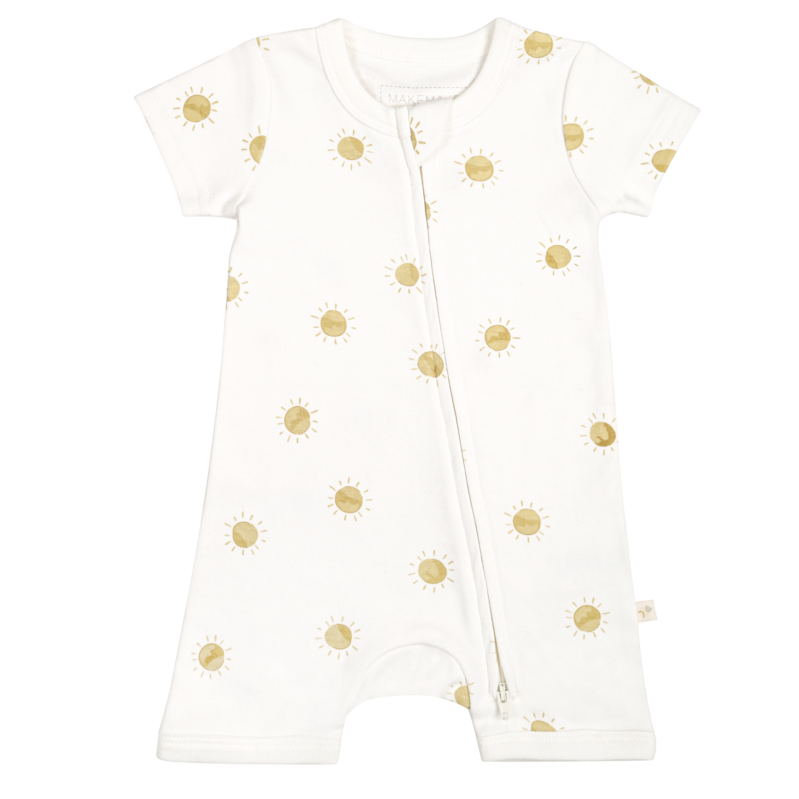 A toddler's white Organic Short Zip Romper - Sunshine from Makemake Organics, featuring a pattern of golden suns, short sleeves, a rounded neckline, and a zipper closure running diagonally from the neckline to the left leg.