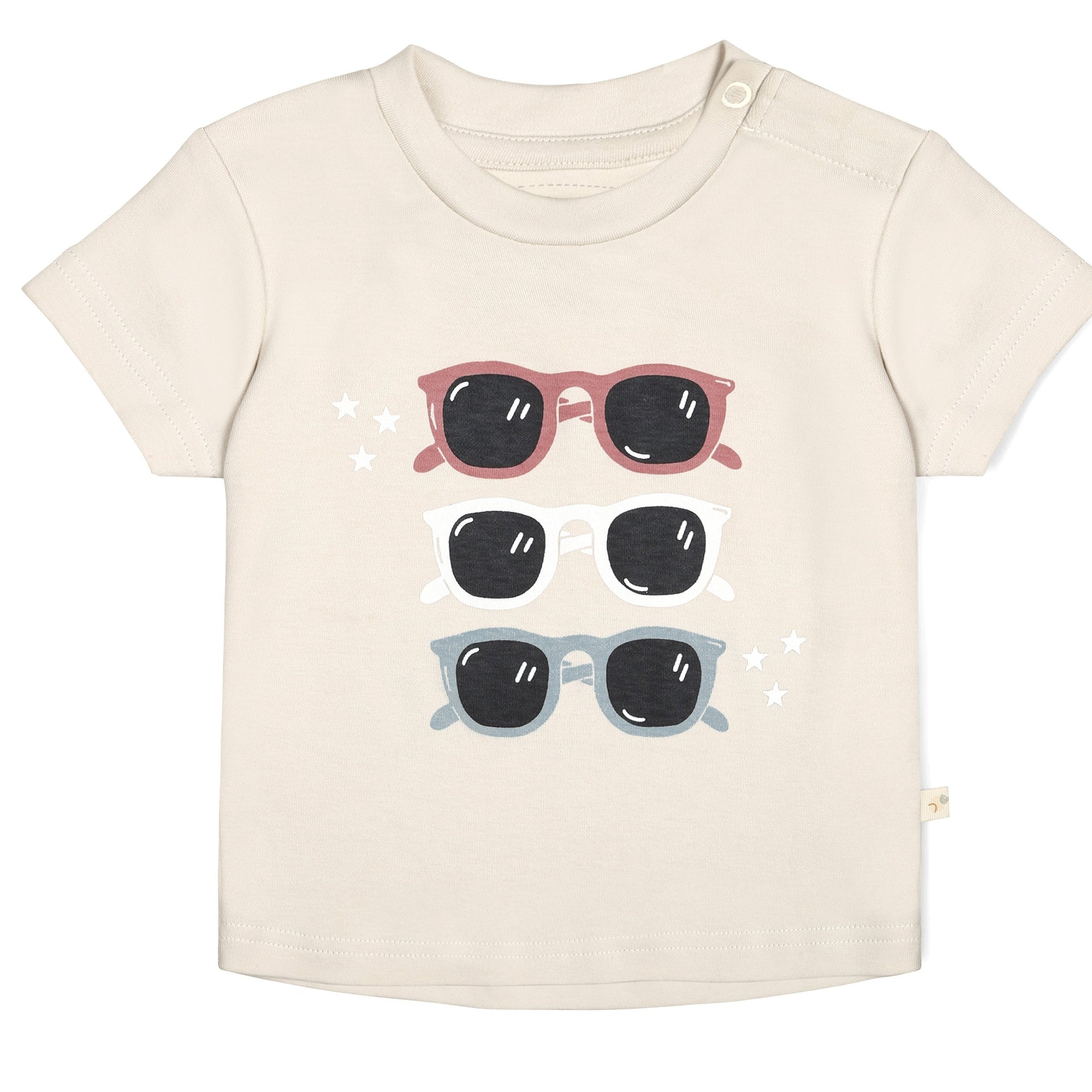 A beige toddler Organic Crew Neck Tee - Shades featuring a cute print of three sunglasses in varying colors of pink, white, and blue, each adorned with star motifs around them by Makemake Organics.