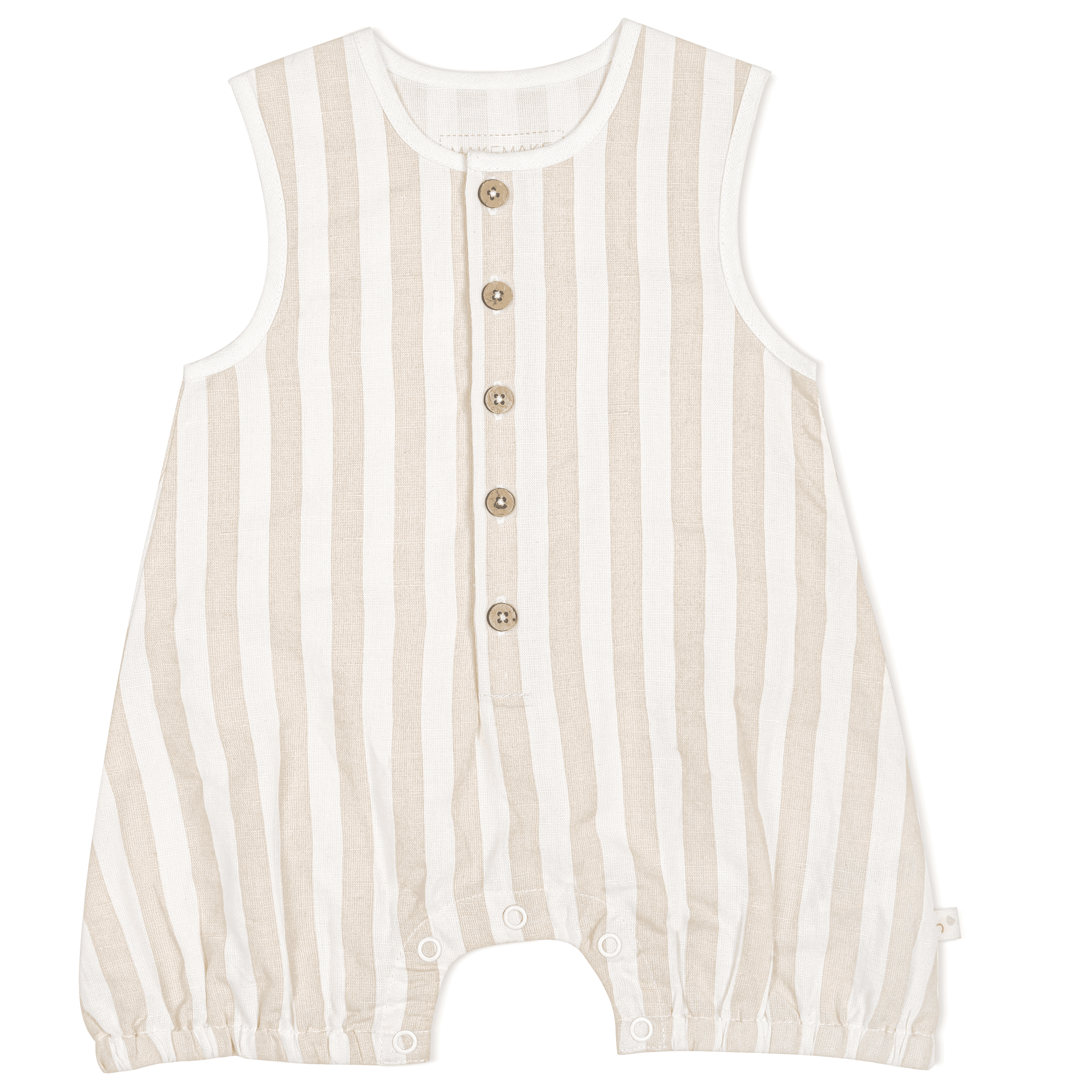 A Makemake Organics Organic Sleeveless Bubble Romper in Beige Stripes featuring vertical beige and white stripes, with wooden buttons down the center front and snap fasteners along the legs, perfect for a baby girl.
