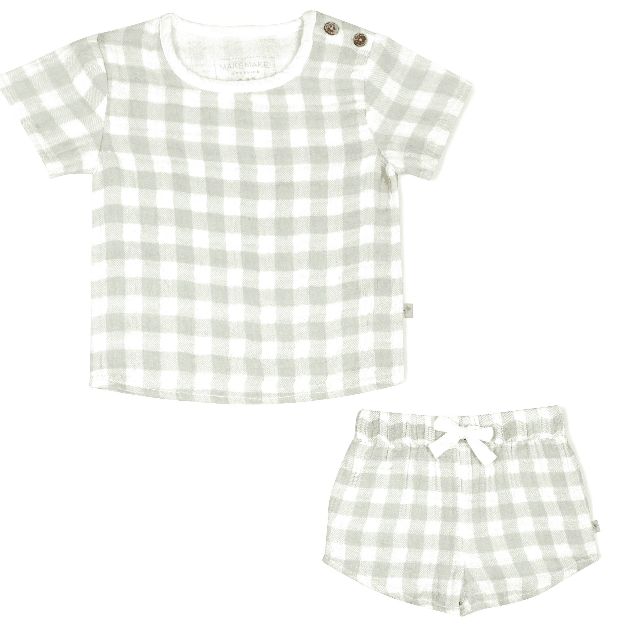 A light green and white gingham patterned toddler outfit consisting of Makemake Organics' Organic Muslin Top and Shorts 2 Piece Set, displayed on a white background.