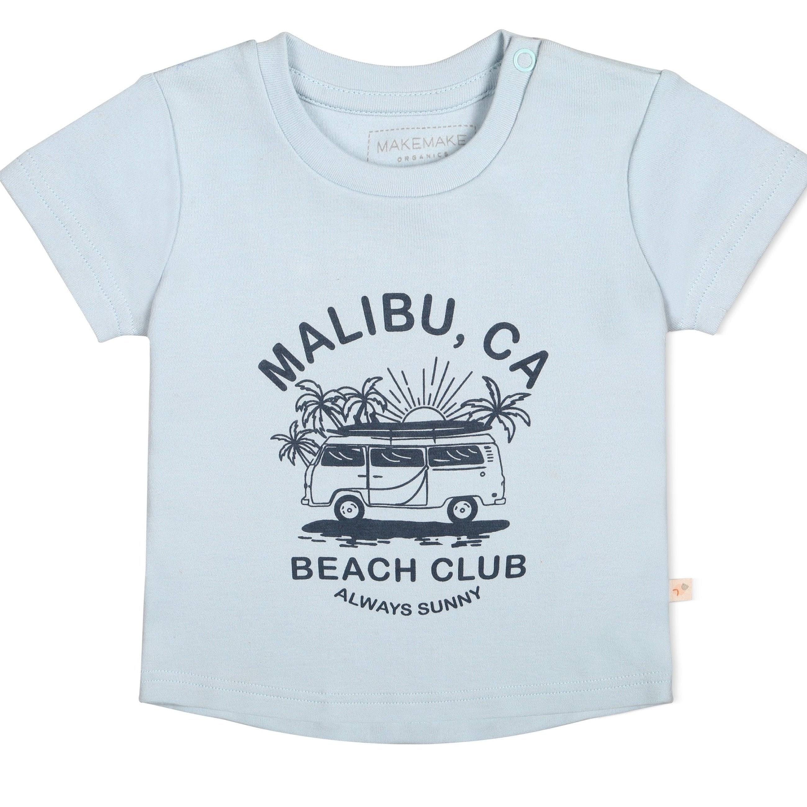 Light blue toddler Organic Crew Neck Tee - Malibu Beach Club featuring a graphic of a vintage van under palm trees with the text "malibu, ca beach club 4lways sunny" by Makemake Organics.