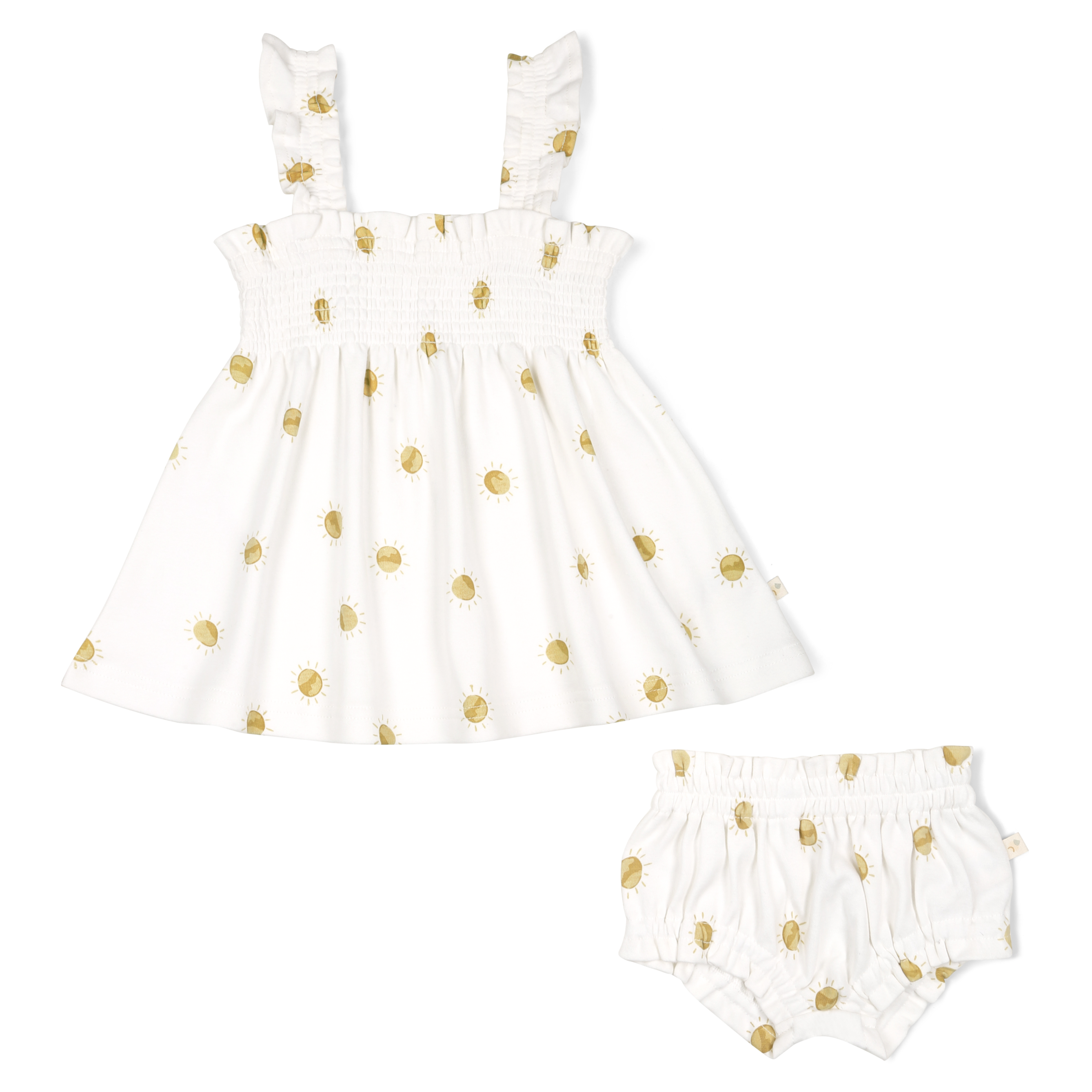 Organic Smocked Dress - Sunshine by Makemake Organics and matching bloomers with golden polka dots and ruffled sleeves isolated on a white background.