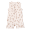 A pale pink Makemake Organics baby girl romper with a pattern of white seashells, featuring sleeveless design and snap buttons at the shoulder and inseam for easy dressing.