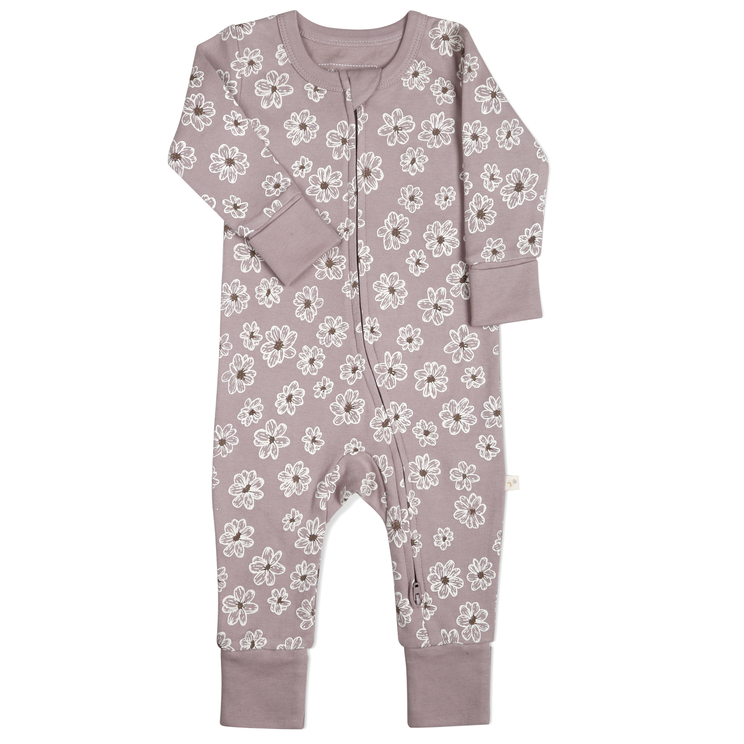 A long-sleeved baby onesie in a soft taupe color adorned with white floral patterns, featuring snap fasteners from the neckline down to the left ankle for easy dressing.