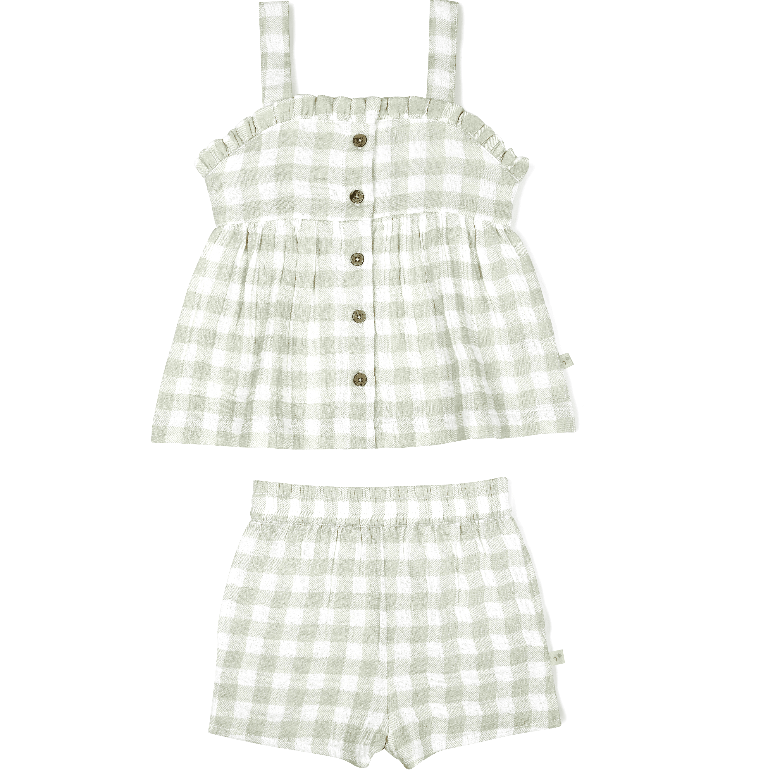 A green and white gingham checked toddler outfit set, featuring a sleeveless dress with button-front detail and matching bloomers for a baby girl - Makemake Organics Organic Muslin Peplum Top and Shorts Set in Gingham.