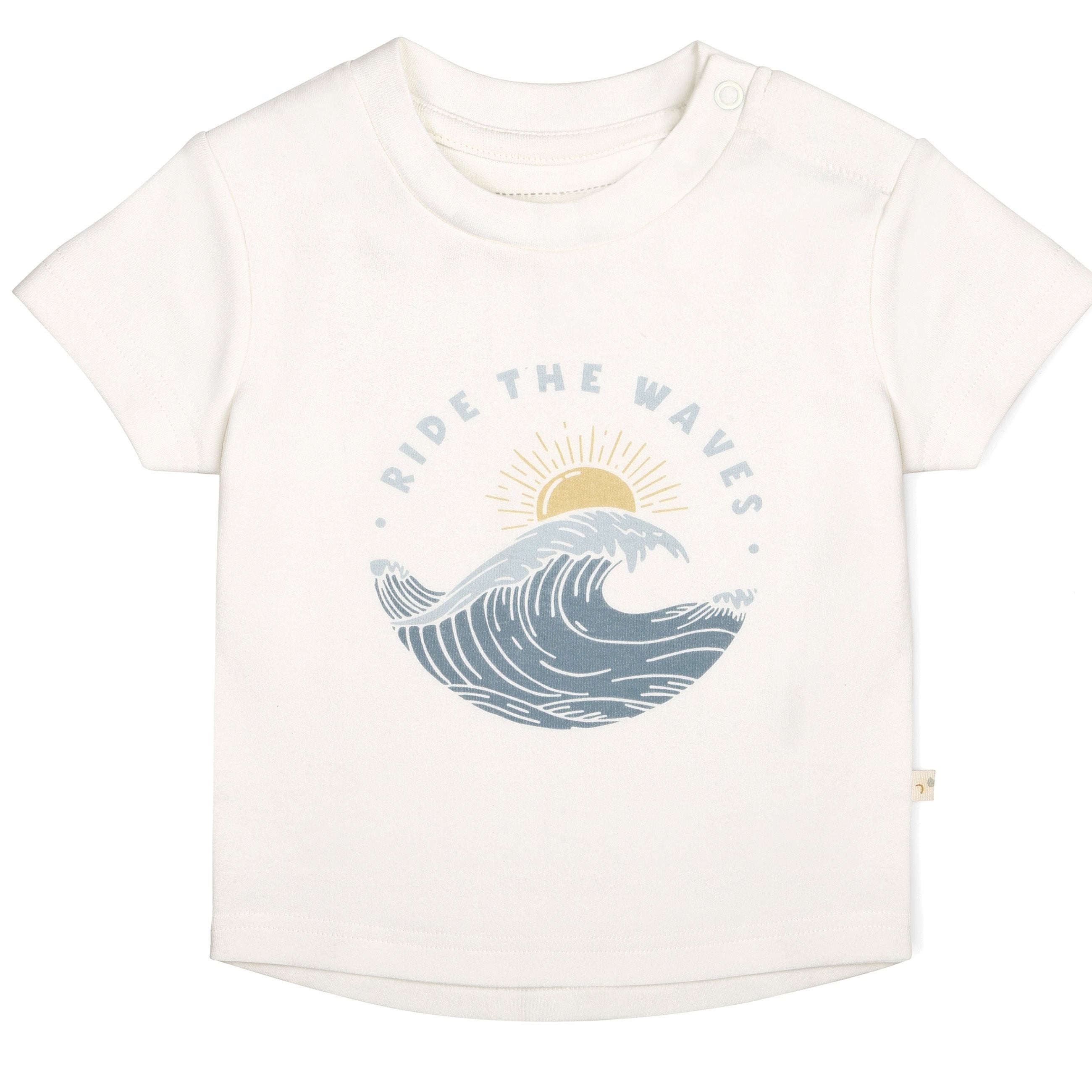 White Makemake Organics organic crew neck toddler tee with a graphic of a wave encircling a sun and the phrase "ride the waves" printed in blue.
