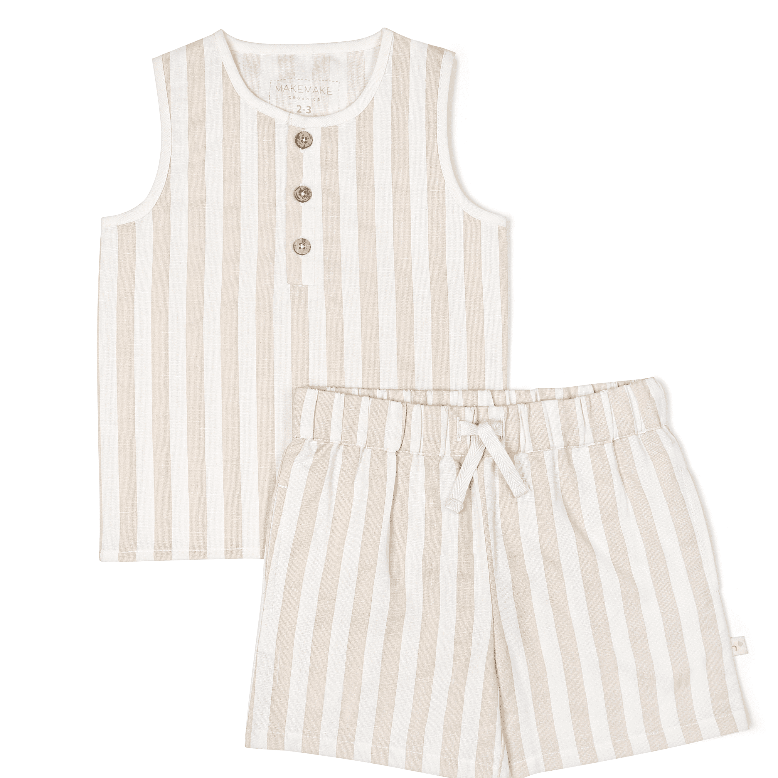 A beige and white striped toddler's outfit consisting of a sleeveless top with three buttons and matching shorts with a drawstring waist, displayed on a plain background, Makemake Organics' Organic Linen Tank and Shorts Set in Beige Stripes.