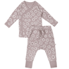 A toddler's outfit consisting of a Organic Kimono Top & Pants Set - Daisies from Makemake Organics, displayed flat on a white background.