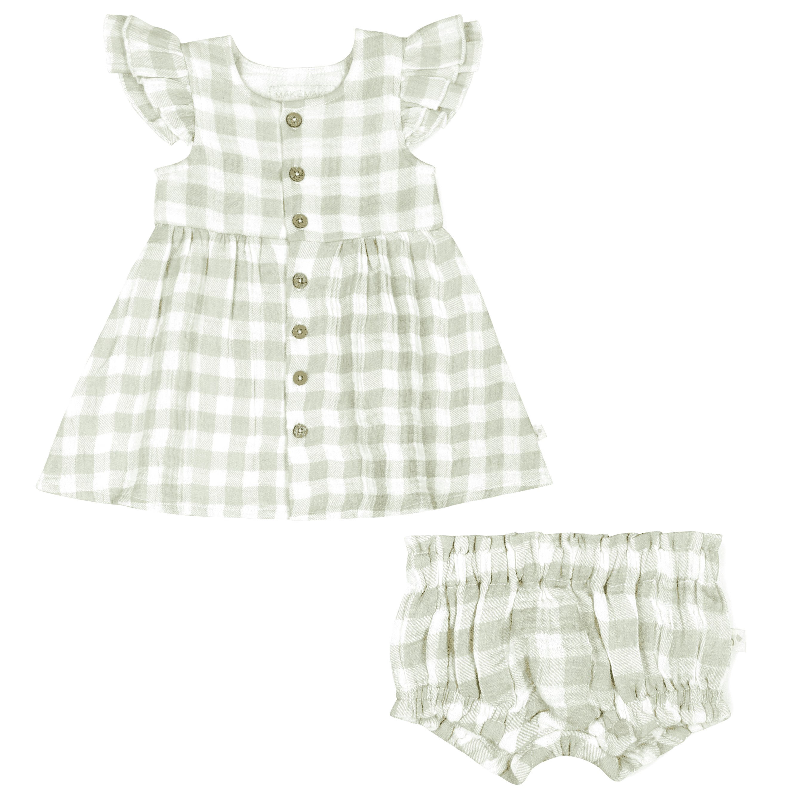 A light green and white Makemake Organics Organic Muslin Button Flutter Dress - Gingham with ruffled sleeves and buttons down the front, paired with matching bloomers for a toddler girl, set against a white background.