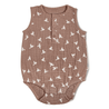 A sleeveless textured toddler romper in light brown color, featuring an all-over white bird print, laid flat on a white background.