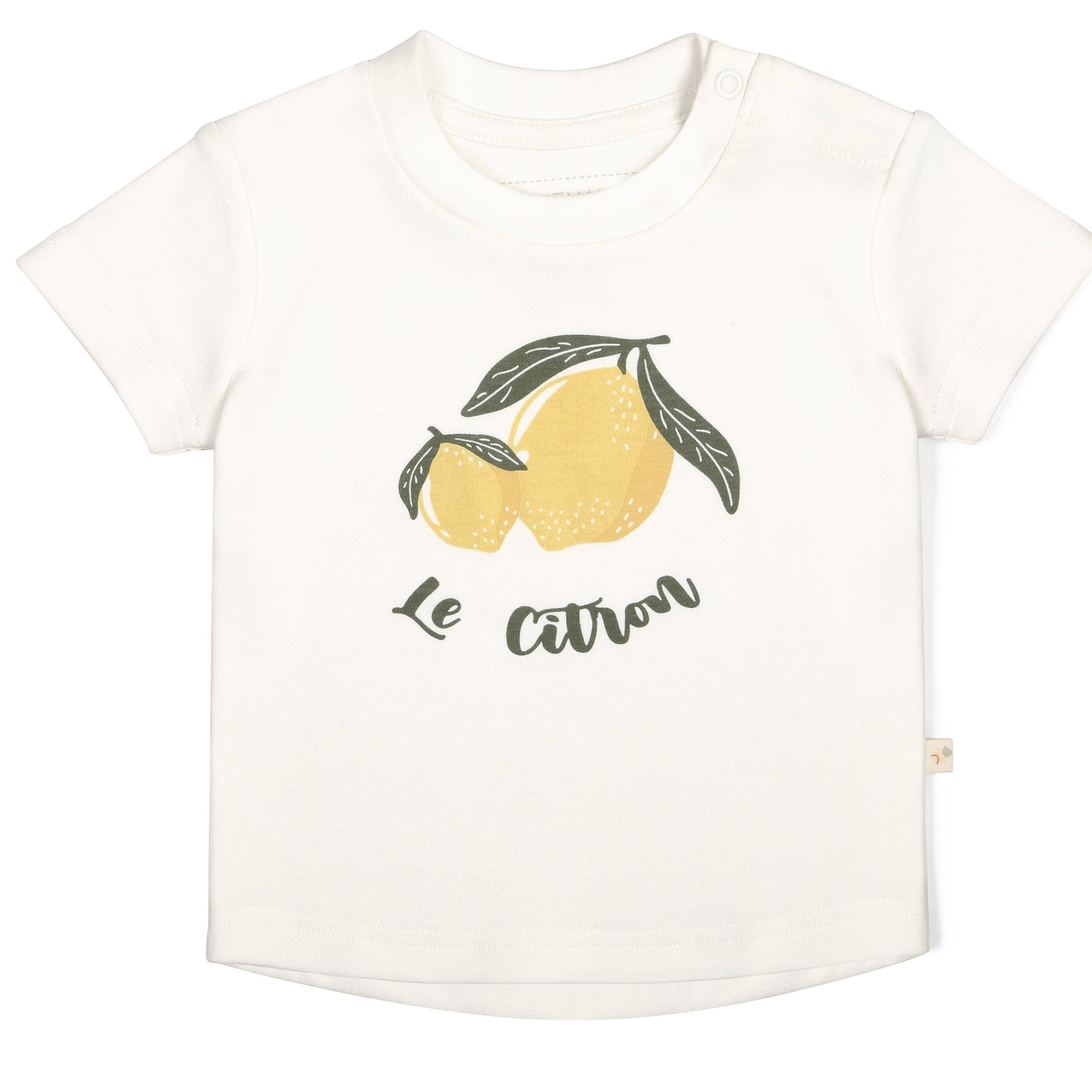 Toddler Organic Crew Neck Tee - Le Citron by Makemake Organics with a print of two yellow lemons and green leaves, and the phrase "le citron" in cursive below. The shirt has a simple round neckline and a snap.