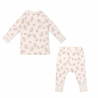 A baby's outfit consisting of a long-sleeve Organic Kimono Top & Pants Set in a neutral color, both pieces adorned with a subtle leaf pattern. The set is displayed flat on a white background from Makemake Organics.