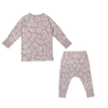 A beige baby's Organic Kimono Top & Pants Set - Daisies, both adorned with a white floral pattern, displayed against a white background by Makemake Organics.