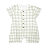 A green and white gingham patterned baby romper with short sleeves and wooden button closures, displayed against a white background. This Organic Muslin Short Bubble Romper - Gingham from Makemake Organics is suitable for both baby girls and toddlers.