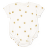 A white toddler bodysuit with a pattern of golden suns on a plain background. The Organic Bubble Romper - Sunshine features short sleeves and snap closures at the bottom for easy changing by Makemake Organics.